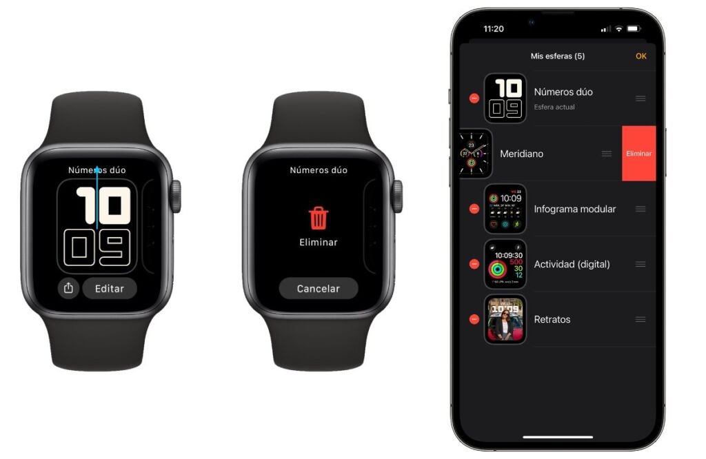 Opciones para eliminar esferas del Apple Watch